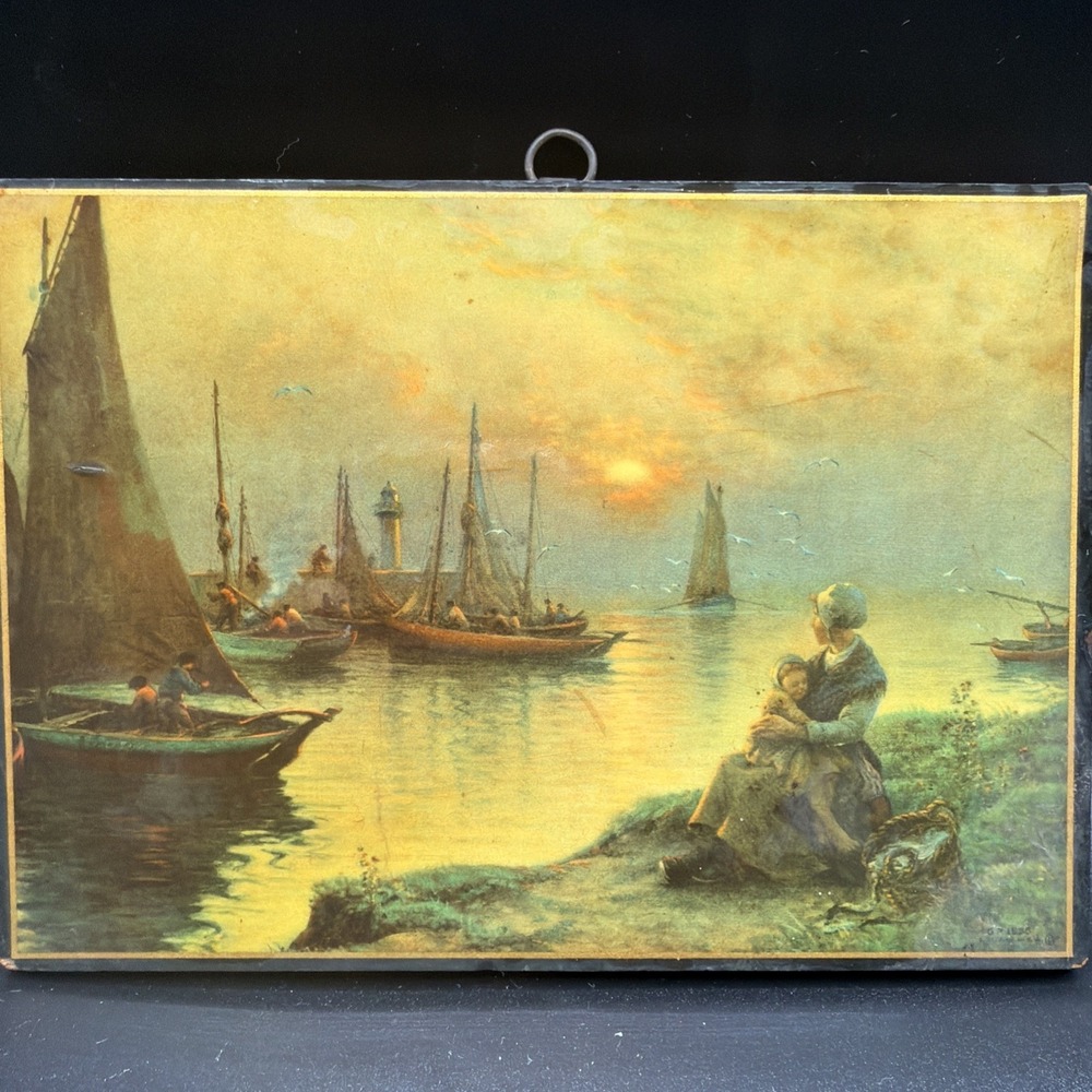Awaiting His‎ Return By Georges Maroniez Antique Print 7" By 5" Wood Mounted